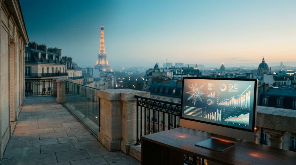 High-end architectural editorial photography, 16:9 widescreen, shot on 85mm prime lens at f/2.0, an expansive scene set during the transition from deep twilight to soft morning light across the Paris skyline, the iconic silhouette of the Eiffel Tower rising gracefully in the left-center distance amidst a soft, tranquil atmospheric haze, the left two-thirds of the frame dedicated to an uncluttered view of a Parisian stone terrace overlooking the city at dawn, in the bottom-right third of the frame rests a sleek, high-end metallic workstation monitor displaying complex, non-textual data visualization charts and abstract marketing growth trajectories in soft geometric vectors, the device is crafted from brushed metallic gray with subtle burnt orange indicator lights, color palette featuring deep teal shadows, soft cyan atmospheric morning light, and warm cream highlights catching the architectural edges of limestone buildings, zero humans, no text, no logos, no signs, sharp tactile focus on the foreground hardware with the iconic cityscape fading into a natural soft photographic bokeh, commercial realism, pristine surfaces, sophisticated atmosphere.