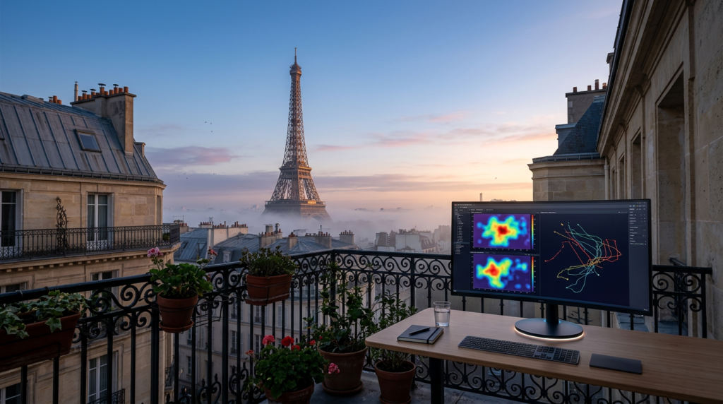 Wide-angle cinematic shot of a Parisian balcony terrace at twilight transitioning to dawn, overlooking the iconic iron lattice silhouette of the Eiffel Tower rising through a soft, early morning marine layer and light coastal fog, the architecture of Haussmann-style stone buildings and zinc roofs softly blurred in the background bokeh, in the lower-right third of the frame rests a sleek, brushed metallic high-end analytics workstation terminal with a minimalist curved monitor displaying intricate, non-textual data visualization heatmaps and abstract performance tracking vector paths in soft orange, the scene is bathed in a professional color palette of deep teal shadows and soft cyan atmospheric light, warm cream sunrise glow catching the sharp edges of the iron landmark and the metallic casing of the device, expansive uncluttered negative space in the upper and left two-thirds of the frame featuring a tranquil, clear Parisian sky, shot on 85mm prime lens at f/2.0, hyper-realistic architectural photography, zero humans, zero text, zero logos, industrial realism.