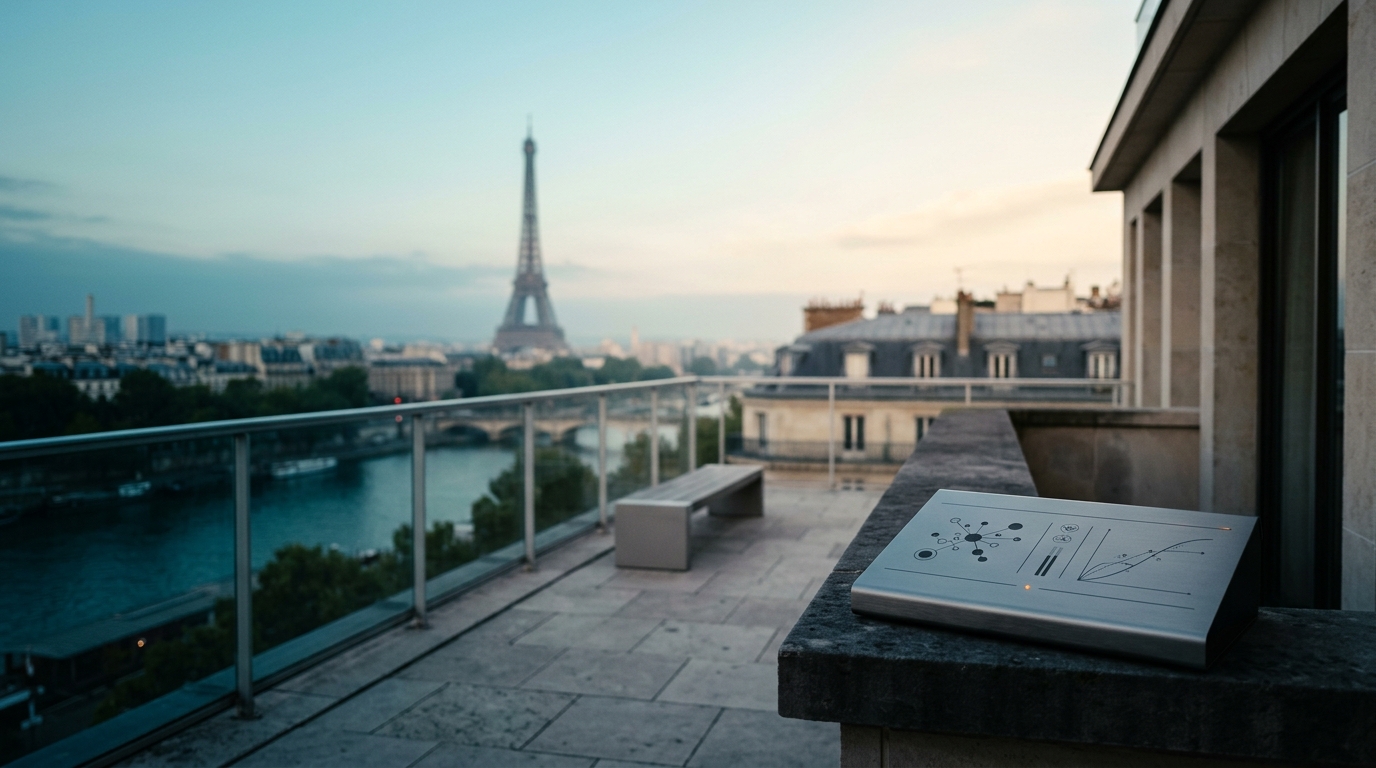 A cinematic 16:9 widescreen editorial photograph of an unoccupied modern architectural stone balcony overlooking the historic Parisian skyline at dawn twilight. The iconic silhouette of the Eiffel Tower rises above classic Haussmannian rooftops and the River Seine with natural bokeh, leaving the left two-thirds spacious and open. Locked in the lower-right third sits a sleek brushed metallic search telemetry console on a dark stone balustrade showing clean abstract node clusters and vector indexing curves.