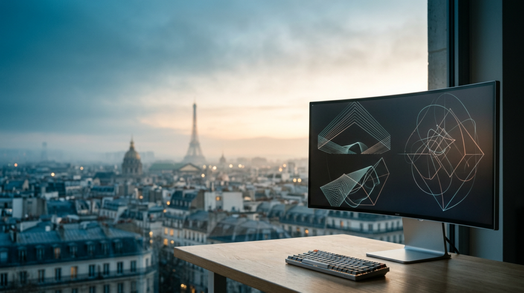 A cinematic 16:9 landscape shot captured on an 85mm lens at f/2.0, featuring a sleek, modern ultra-wide curved workstation monitor positioned exclusively in the lower-right third of the frame, its screen displaying sophisticated, non-textual abstract web interface wireframes and intricate geometric vector paths in soft glowing lines. The foreground monitor rests on a clean, minimalist brushed metallic desk surface. The background stretches into a wide, atmospheric vista of the Paris skyline at twilight transitioning into soft dawn, featuring the iconic silhouettes of the Eiffel Tower and Haussmann-style zinc rooftops emerging through a tranquil, luminous marine layer haze. The left two-thirds of the frame are defined by expansive, uncluttered negative space, captured in the cool deep teal of the pre-dawn sky transitioning into a warm cream glow catching the stone edges of distant Parisian architecture. The lighting palette blends deep teal shadows, soft cyan atmospheric depth, and subtle burnt orange highlights reflecting off the hardware's metallic bevels. High-end commercial architectural photography style, completely devoid of humans, text, logos, or signage, emphasizing grounded realism, soft bokeh on the distant city, and precise, sharp tactile focus on the workstation terminal.