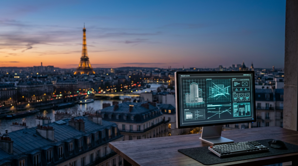 An expansive 16:9 cinematic shot captured on an 85mm lens at f/2.0, featuring a sleek, professional workstation monitor positioned in the lower-right third of the frame, displaying abstract, clean architectural web wireframes and subtle vector path grids in soft glowing tones. The foreground device is crafted from brushed metallic gray with faint burnt orange indicator LEDs and refined bevels. The background, occupying the left and center two-thirds, showcases an unobstructed, atmospheric twilight-to-daylight transition overlooking the Parisian skyline, dominated by the unmistakable iron latticework silhouette of the Eiffel Tower rising above a tranquil, misty urban landscape of zinc-roofed Haussmann buildings and soft cyan atmospheric haze. The scene is bathed in a cohesive color palette of deep teal shadows, soft cream highlights catching the edges of the iron landmark, and natural morning light, providing expansive, uncluttered negative space in the sky for text overlay. The image is hyper-realistic, completely devoid of humans or branding, with the background rendered in a soft, photographic bokeh that emphasizes the tactile, grounded quality of the foreground hardware.