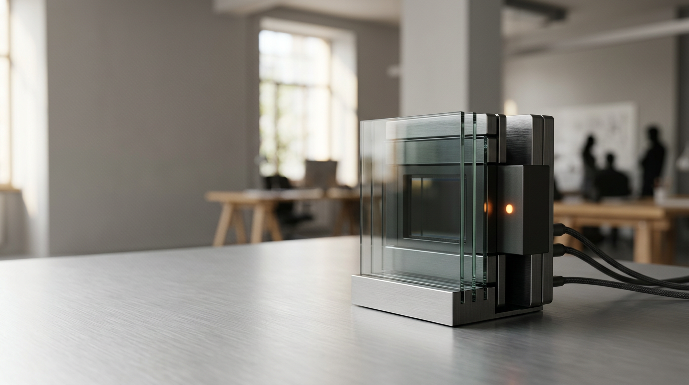A cinematic object-led study of a modular creative analysis system, placed on a clean, brushed-metal surface in a bright, softly lit architectural studio. The primary subject is a sleek, minimalist glass-and-brushed-aluminum sensor array, featuring one subtle pulsating warm burnt orange indicator light to signify active performance tracking. The background is a soft, out-of-focus interior with neutral gray walls, allowing for a large, uncluttered area of negative space on the left third for copy placement. The lighting is sophisticated and premium, utilizing warm cream natural daylight from the side, with soft cyan and deep teal accents provided by subtle, non-readable environmental light reflections on the glass. The camera is positioned at an eye-level 50mm perspective, capturing the high-end material textures of the metallic equipment with crisp detail and natural depth of field. No human figures, no text, no numbers, no signage, no holograms, no interfaces, no logos, and no decorative data graphics. Photorealistic, 8K resolution, high-end commercial editorial style, generated by nanobanana pro --ar 16:9