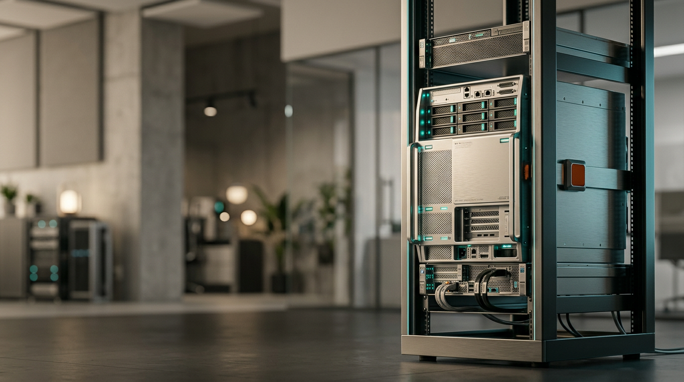 A premium, minimalist studio composition featuring a sleek, modular array of high-performance server hardware mounted in a vertically aligned, brushed-metal rack system. The primary subject is an elegant, non-humanoid data-processing console, meticulously engineered with satin-finished aluminum housing and subtle recessed teal indicators. The hardware is positioned in the right third of the frame, bathed in warm, soft-cream directional key lighting, while the left two-fifths provide an expansive, clean, out-of-focus background of a sophisticated, neutral-toned interior for copy placement. A single, refined accent pop of burnt orange illuminates a small, secondary sensor node on the equipment’s chassis, hinting at precision and action. The scene is shot with an 85mm prime lens, capturing crisp material textures, realistic metallic light play, and a shallow depth of field. Soft cyan rim lighting subtly defines the edges of the equipment against the shadows. The atmosphere is calm, orderly, and highly professional, emphasizing technological performance through architectural clarity rather than decorative effects. No humans, no text, no readable characters, no holograms, no fantasy elements. Photorealistic, cinematic photography, 8K resolution, controlled lighting, physical accuracy, generated by nanobanana pro --ar 16:9