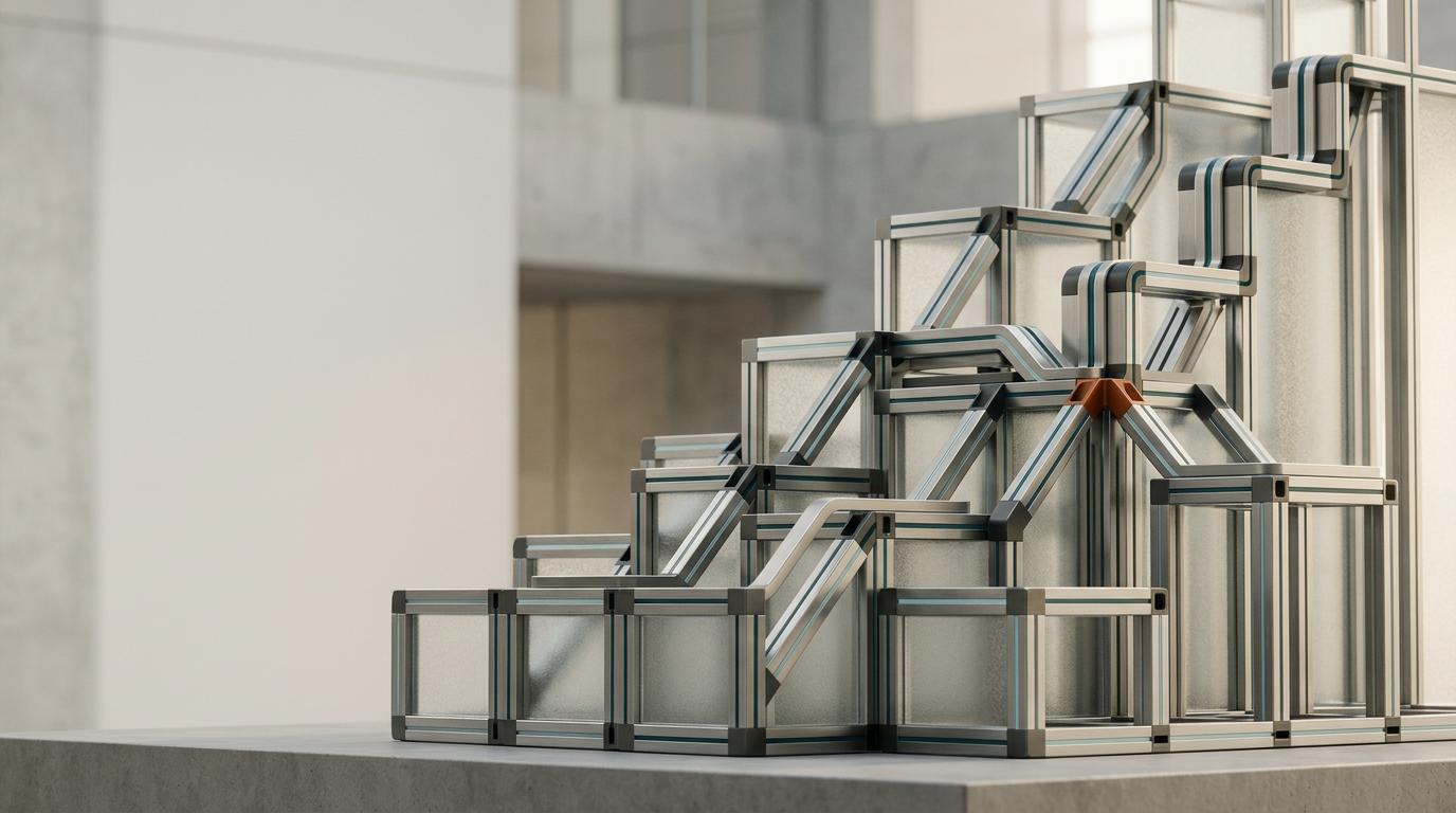 A sophisticated, cinematic studio shot of a modular architectural installation that visualizes structural data flow, featuring a series of precision-engineered, interlocking metallic tiers arranged in a clean, rhythmic progression. The primary subject is composed of satin-finished steel and frosted glass modules, illuminated by soft, natural warm cream key lighting from the side to emphasize depth and professional craftsmanship. Subtly integrated into the structural joints are restrained accent lines of deep teal and soft cyan, suggesting organized, high-performance data pathways without the use of glowing interfaces or holograms. One small, purposeful accent of burnt orange appears on a single structural connector to provide a focused visual anchor. The composition is positioned toward the right, leaving the left two-fifths of the frame as clean, negative space against a subtle, neutral architectural backdrop to allow for website copy. Captured with a 50mm prime lens, the image features natural atmospheric depth, crisp material textures, and precise shadow work, embodying a near-future, premium enterprise aesthetic. Photorealistic, 8K resolution, highly detailed, no humans, no text, no legible numbers, no pseudo-writing, no glowing data streams, generated by nanobanana pro --ar 16:9