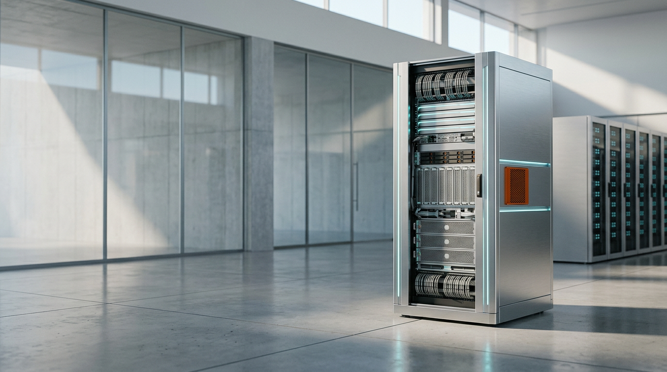 A refined, wide-angle 50mm architectural study of a high-performance, modular data architecture system housed in a spacious, climate-controlled server hall, designed to symbolize precision, scalability, and efficiency. The primary subject is a singular, meticulously engineered rack unit with sleek satin-finished metallic surfaces, featuring subtle, integrated light strips that glow with a soft cyan #C1E3E6, indicating orderly, high-speed data flow. The environment is a clean, minimalist interior with floor-to-ceiling glass and polished concrete floors that reflect the ambient illumination, providing a neutral, premium foundation. The primary light source is soft, directional daylight entering from a high clerestory window, casting gentle, natural shadows that emphasize the structural integrity of the hardware. A single, controlled accent of warm burnt orange #E06719 appears on a discrete, functional cooling vent, providing a focused focal point. The composition is positioned to the right third of the frame, leaving the left two-fifths as uncluttered negative space, composed of a soft-focus architectural wall transition, providing ample room for website copy. The scene is captured with cinematic photography, exhibiting realistic depth of field, sharp material textures, and a clean, optimistic atmosphere. No humans, no legible text, no signage, no floating interfaces, and no holographic projections. Photorealistic, 8K resolution, cinematic quality, generated by nanobanana pro --ar 16:9
