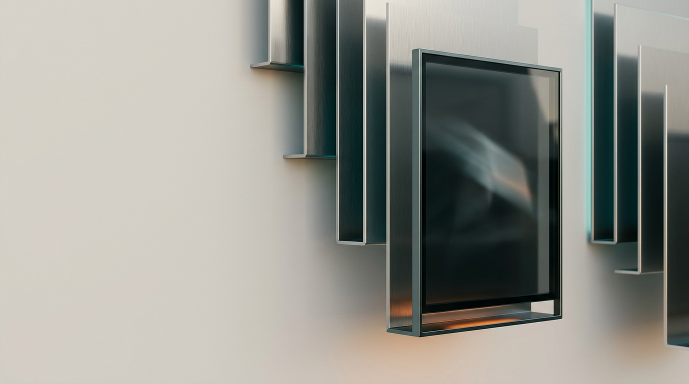 A sophisticated, minimalist architectural environment featuring a sequence of precision-engineered, brushed-metal display surfaces mounted in a rhythmic, cascading arrangement along a clean, gallery-like wall, representing the flow and targeting of programmatic advertising. The primary subject—a singular, sleek, dark-glass structural unit with a thin, refined frame—is positioned in the right third of the frame, capturing a subtle, abstract, non-readable light reflection that suggests dynamic digital content without any legible text or UI. The left two-fifths of the frame consists of an uncluttered, softly lit, neutral-toned wall providing ideal negative space for landing page copy. The scene is illuminated by warm, natural morning light from an off-screen source, supplemented by restrained rim lighting in Deep Teal and Soft Cyan on the metallic edges, with a single, precise Warm Burnt Orange accent light reflecting on the base of the primary unit. The image is captured with a 50mm lens at eye-level, emphasizing clean lines, physically accurate materials, and a sense of composed, professional order. Cinematic photography, 8K resolution, highly detailed, realistic materials, soft natural depth of field, HDR-quality dynamic range, atmosphere is clean and intentional; no humans, no humanoids, no legible text, no numbers, no signage, no floating interfaces, no excessive technology, generated by nanobanana pro --ar 16:9