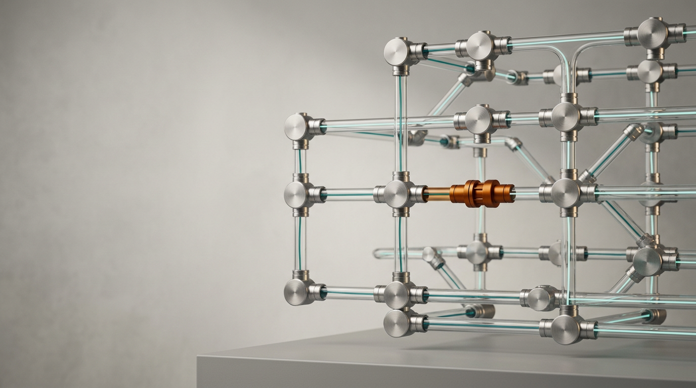 A highly detailed, cinematically lit photograph of a sophisticated, physical network architecture model representing data flow, captured in a clean, minimalist studio environment. The primary subject is a series of interconnected, satin-finished metallic nodes and glass conduits arranged in a purposeful, clear hierarchical structure, positioned toward the right third of the frame to provide expansive, uncluttered negative space on the left for copy. The scene utilizes soft, ambient Warm Cream key lighting to illuminate the material textures, with subtle, thin filaments of Deep Teal and Soft Cyan fiber-optic-like cabling providing restrained, low-intensity illumination at connection points, suggesting high-speed connectivity. A singular, deliberate accent pop of Warm Burnt Orange is integrated into a small, functional-looking central coupling mechanism. The composition uses an 85mm lens to create natural, shallow depth of field, highlighting the precision of the construction while softening the background. All materials are physically believable, consisting of brushed aluminum and high-transparency glass. The atmosphere is calm, orderly, and professional, conveying the efficiency and logic of programmatic systems through tactile, real-world metaphor. No humans, no text, no pseudo-writing, no readable numbers, no holograms, no excessive bloom or artificial digital clutter, and no dystopian styling. Photorealistic, cinematic photography, 8K, highly detailed, crisp controlled lighting, physically accurate shadows, generated by nanobanana pro --ar 16:9