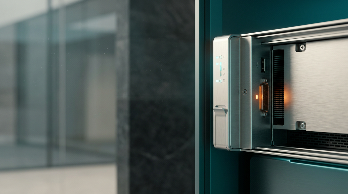 A sophisticated, close-up interior study of a high-performance server hardware module housed in a brushed satin-finished aluminum chassis, positioned in the right third of the frame to establish a sense of technical precision. The hardware features subtle, non-readable status indicators glowing in soft cyan #C1E3E6 and a single, controlled accent light in warm burnt orange #E06719 on an internal connector port, symbolizing real-time data flow. The environment is a clean, minimalist data architecture space with cool, deep teal #116F76 ambient rim lighting reflecting off the metallic surfaces. The left two-thirds of the image consist of a softly blurred, neutral architectural background of glass and dark stone, providing ample negative space for website copy. Photographed with an 85mm lens, the image displays crisp, cinematic detail on the equipment textures, natural depth of field, and subtle, realistic atmospheric dust in the light beams. No humans, no legible text, no pseudo-writing, no holograms, and no futuristic gadgets. Photorealistic, cinematic photography, 8K resolution, controlled warm cream #FFF4CE key lighting, generated by nanobanana pro --ar 16:9