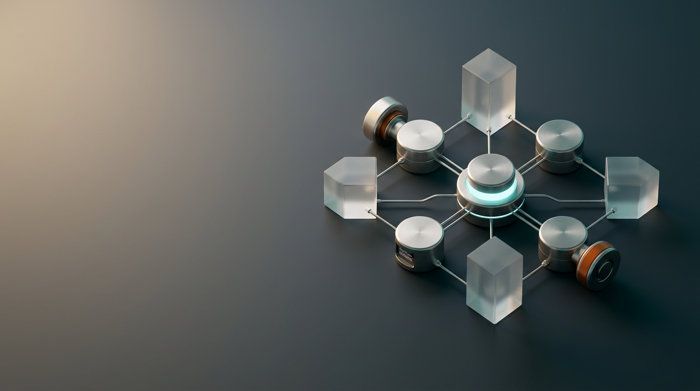 A premium studio-lit composition representing data precision and analytical clarity, featuring a sculptural, interconnected series of brushed metallic nodes and translucent, matte-finished glass prisms arranged in a purposeful, symmetrical cluster on a dark, neutral slate surface. The central node features a subtle, glowing Soft Cyan internal light, connected by thin, precise conductive paths to peripheral sensors that capture minute, non-readable optical data points, reflecting the concept of first-party attribution. The scene is illuminated by a warm, soft directional key light from the left, with restrained Deep Teal ambient shadows and a single, carefully placed Warm Burnt Orange accent detail on a mechanical joint to anchor the composition. The primary cluster is positioned in the right third of the frame, leaving the left two-fifths as clean, softly lit negative space for copy. Photographed with an 85mm prime lens to achieve shallow depth of field, crisp material textures, and realistic internal light scattering, emphasizing a sophisticated, near-future professional aesthetic, generated by nanobanana pro --ar 16:9