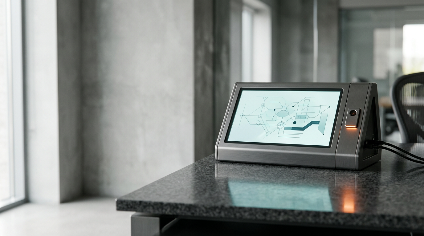 A premium, cinematic close-up of a sophisticated architectural workspace featuring a sleek, brushed metallic data-processing console integrated into a polished stone desk surface. The console contains a clean, non-readable glass display showing an abstract, minimalist visual composition of interconnected, glowing, thin-line nodes in shades of soft cyan and deep teal, representing data attribution pathways. A single, controlled, warm burnt orange accent light emanates from a small, precise sensor housing on the side of the device, creating a subtle, purposeful reflection on the dark, refined surface. The composition is positioned in the right third of the frame, leaving the left two-fifths as clean, softly-lit neutral grey negative space for website copy. The environment is a professional, naturally-lit studio setting with realistic depth of field achieved with an 85mm prime lens, emphasizing high-end materials and precise, functional construction. Photorealistic, 8K resolution, crisp lighting, physically accurate shadows, and natural atmospheric presence, with zero human figures, no legible text, no numbers, no pseudo-writing, and no holographic interfaces. This image represents high-precision, real-time attribution, generated by nanobanana pro --ar 16:9