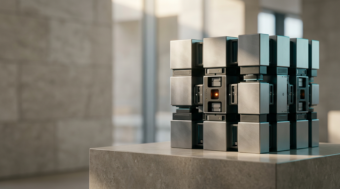 A sophisticated, cinematic studio-style composition of a high-performance, modular architectural assembly representing data integrity and trust. The primary subject is a series of interconnected, satin-finished metallic prisms and high-precision sensor blocks arranged in a clean, rhythmic grid on a polished, neutral-toned stone platform. The configuration is positioned in the right third of the frame, showcasing tangible, durable engineering that suggests clarity and structured refinement. The left two-fifths of the frame consist of a softly blurred, neutral architectural background providing ample, uncluttered negative space. The lighting is composed of warm, soft-key sunlight from a top-down angle, complemented by restrained rim lighting in Deep Teal and Soft Cyan on the edges of the metallic components, with a single, precisely placed Warm Burnt Orange accent light on a small, recessed data-indicator point. The photography utilizes an 85mm prime lens to achieve a shallow depth of field, emphasizing material texture and geometric precision. All surfaces reflect realistic, subtle environmental tones without human presence or digital interference. The scene is photorealistic, clean, and optimistic, adhering to a high-editorial standard with absolutely no text, numbers, logos, or holographic clutter, generated by nanobanana pro --ar 16:9