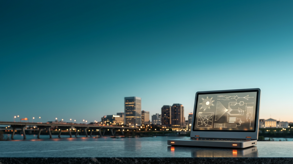 A cinematic 16:9 landscape shot from an 85mm lens at f/2.0 featuring the historic Richmond, Virginia skyline at twilight transitioning to dawn, characterized by the iconic illuminated silhouette of the Mayo Bridge and the James River architecture; the scene is bathed in a deep teal #116F76 sky that fades into soft cyan #C1E3E6 atmospheric haze across the left two-thirds of the frame, leaving vast, uncluttered negative space for copy, while the foreground lower-right third is anchored by a sleek, minimalist brushed metallic grey AI-analytical terminal showcasing abstract, non-textual data visualization nodes and intricate vector path diagrams in a glowing cream #FFF4CE hue; subtle burnt orange #E06719 indicator lights on the device reflect softly on a dark, polished stone surface, the entire composition is captured with high-end editorial architectural precision, no humans, no legible text, no signage, no branding, sharp focus on the hardware device with the Richmond riverfront fading into a soft, photographic bokeh in the distance.