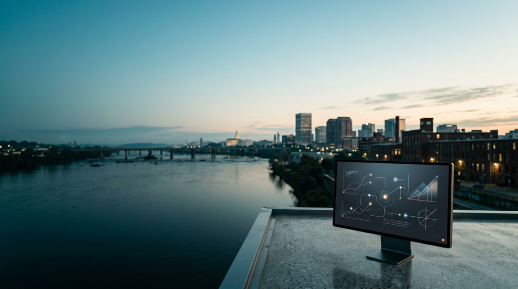 A cinematic, wide-angle 85mm prime lens shot of the Richmond, Virginia skyline at twilight transitioning to dawn, featuring the iconic silhouette of the James River bridges and the historic industrial architecture of the Shockoe Bottom district softly glowing under a clear morning sky. The left two-thirds of the frame consist of vast, uncluttered negative space showing the tranquil river horizon and cool-toned urban atmosphere with soft cyan marine haze. In the lower-right third of the frame, a sleek, high-end metallic workstation monitor sits on a polished concrete surface, displaying a minimalist, non-textual data visualization interface with abstract growth-chart vector paths and clean line diagrams. The lighting features deep teal shadows, soft cyan atmospheric depth, and warm cream light catching the edges of the distant architectural landmarks, with discreet burnt orange indicator lights on the monitor bevel. High-end commercial editorial photography, sharp focus on the foreground hardware with a smooth background bokeh, zero humans, zero text, zero logos, photorealistic materials of glass, steel, and stone, 16:9 aspect ratio.