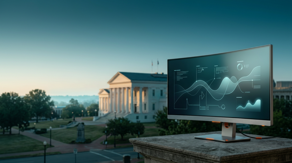 A highly detailed, photorealistic 16:9 widescreen image. Twilight transitions into soft morning daylight over Richmond, Virginia. The distinguished Virginia State Capitol Building, designed by Thomas Jefferson, stands in the mid-distance on the left-center, its neoclassical architecture softly illuminated by the emerging sun, creating a natural, soft photographic bokeh. Its white stone facade catches the Warm Cream #FFF4CE light, while deeper architectural recesses are shaded in Deep Teal #116F76. The surrounding historic urban park space is quiet and unoccupied, with the horizon line featuring a subtle Soft Cyan #C1E3E6 atmospheric haze. The left two-thirds of the frame are expansive and uncluttered, dominated by the tranquil, gradient sky. In the lower-right third of the frame, in sharp, tactile foreground focus, sits a sleek, ultra-wide curved workstation monitor. Its enclosure is made of Durable Brushed Metallic Gray #E6E6E6. The pristine glass surface of the display shows a non-textual, abstract UI of analytical data visualizations—flowing vector paths and minimal line diagrams representing SEO performance metrics, rendered in soft glowing cyan and teal tones against a dark background, reflecting the Deep Teal #116F76 sky. Subtle Burnt Orange #E06719 indicator lights softly glow on the monitor's base or a minor cable accent. The device is placed on a surface of authentic Richmond-style architectural stone. Shot on an 85mm prime lens at f/2.0. The scene is completely unoccupied – zero humans, no pedestrians, no reflections of people. There are no legible words, company names, city signage, street signs, numbers, or brand logos anywhere in the scene. The device display shows only abstract UI. The lighting, atmospheric scale, and perspective are grounded in high-end commercial editorial architectural photography realism.
