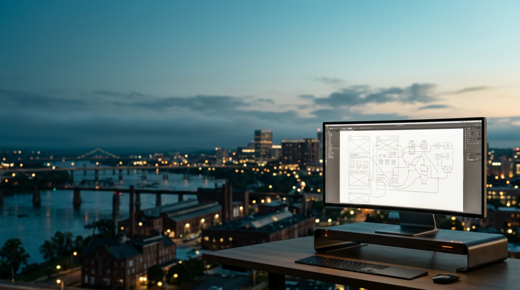 A cinematic 16:9 widescreen shot of a sleek, brushed metallic workstation terminal positioned in the lower-right third of the frame, its ultra-wide curved monitor displaying intricate, non-textual web design wireframes and flowing vector geometry, captured with an 85mm prime lens at f/2.0 for a shallow depth of field. The background showcases a breathtaking, unobstructed view of the Richmond, Virginia skyline at twilight, featuring the iconic silhouettes of the James River bridges and the historic industrial architecture of the Shockoe Slip district softly blurred in the distance. The lighting transitions from a deep teal evening sky to a soft cyan horizon, with warm cream sunlight catching the edges of the distant stone facades and the hardware chassis. Discreet burnt orange indicator lights on the workstation provide a subtle color accent. The composition leaves the left and upper two-thirds of the frame completely open with uncluttered negative space, capturing a tranquil, atmospheric marine layer over the river. The scene is devoid of humans, signage, logos, or text, rendered in high-end commercial editorial architectural photography style with a focus on grounded, tactile realism.