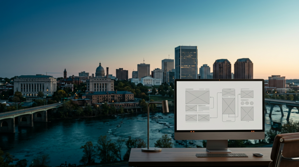 Cinematic 16:9 wide-angle shot captured on an 85mm prime lens at f/2.0 featuring a professional workstation monitor placed in the lower-right foreground, its screen displaying clean, abstract vector wireframes and geometric UI design paths in soft monochromatic tones, the device crafted from brushed metallic gray with subtle burnt orange indicator lights, the background depth-of-field soft-focus blur revealing the iconic iron-lace silhouette of the Richmond, Virginia skyline at twilight transitioning into soft morning light, the historic architecture of the riverfront buildings and the distant James River bridges bathed in deep teal shadows and soft cyan atmospheric haze, warm cream sunlight catching the edges of the historic brick and steel structures, the composition provides expansive, uncluttered negative space across the left and upper sky for text placement, zero humans, no signage or text visible, high-end commercial editorial architectural photography style, natural textures of stone and glass, ultra-realistic lighting.