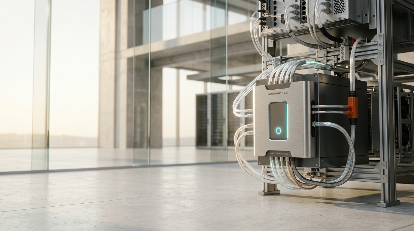 A cinematic, low-angle 50mm shot of a clean, high-precision industrial automation array situated within a light-filled, minimalist server architecture environment. The focal point in the right third of the frame is a compact, matte-metallic processing unit with integrated fiber-optic cooling conduits and a subtle, pulsating soft cyan indicator light, suggesting sub-second latency and high-speed data flow. The environment features polished concrete surfaces and structural glass panels that reflect a soft, warm cream morning light, providing intentional negative space in the left two-thirds for copy. A single, controlled burnt orange accent on a cable junction adds a precise point of visual interest. The scene is atmospheric with a gentle, dust-free clarity and natural depth of field, emphasizing high-end engineering, reliability, and scale. No humans, no human silhouettes, no text, no pseudo-writing, no floating interfaces, and no futuristic holograms. Photorealistic, 8K resolution, cinematic photography, crisp lighting, physically accurate metallic textures, generated by nanobanana pro --ar 16:9