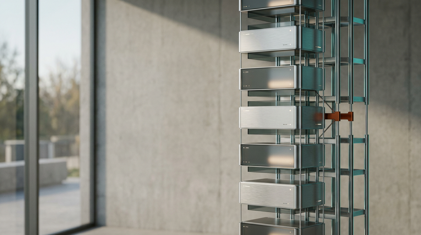 A premium, cinematic wide shot of a sophisticated, minimalist architectural environment representing structured data and topical authority. The primary subject is a series of interconnected, brushed-metal and matte-glass nodes arranged in a clean, hierarchical vertical array, positioned in the right third of the frame. Each node features subtle, non-readable sensor indicators and soft, internal warm light. The background consists of a neutral-toned, softly blurred concrete wall and expansive architectural glazing, providing a large, uncluttered negative space on the left for text. The scene is illuminated by soft, natural early-morning light entering from the side, creating realistic shadows and highlighting the tactile, high-quality material finishes. Accents of deep teal and soft cyan are integrated through restrained ambient rim lighting and delicate glass reflections, with a singular, intentional pop of warm burnt orange on a small structural junction. The composition is captured with a 50mm lens at eye level to emphasize clarity and spatial depth. Photorealistic, 8K resolution, crisp controlled lighting, realistic materials, physically accurate shadows, natural depth of field, HDR-quality dynamic range, professional editorial composition. Excludes all humans, robots, legible text, symbols, signage, and decorative data streams. This image is generated by nanobanana pro --ar 16:9