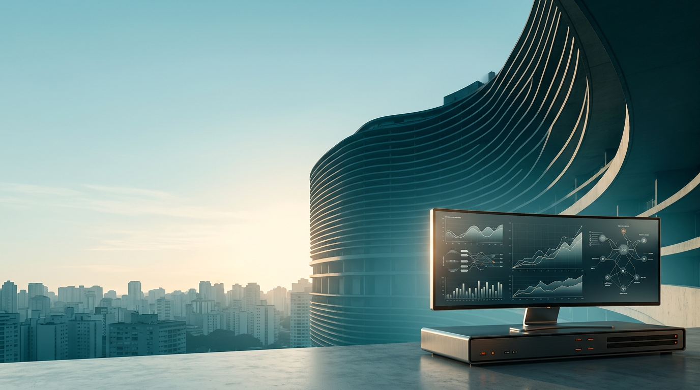 A wide-angle 16:9 cinematic shot captured on an 85mm lens featuring the iconic Edifício Copan’s sweeping, undulating architectural curve silhouetted against a tranquil Sao Paulo twilight sky transitioning into a soft dawn glow, the urban horizon stretching across the left and center of the frame with deep teal shadows and hazy cyan atmospheric depth, leaving vast uncluttered negative space in the upper left for copy; in the sharp-focused lower-right third of the frame rests a sleek, brushed metallic marketing analytics workstation displaying an array of sophisticated, non-textual abstract data flow charts, growth trajectory line graphs, and vector-based performance visualization nodes on a high-end ultra-wide monitor, the screen emitting a soft warmth that catches the edge of a polished concrete surface, the color palette defined by deep teal #116F76, soft cyan #C1E3E6, warm cream #FFF4CE sunlight hitting the building’s concrete ribbing, and subtle burnt orange #E06719 indicator lights on the hardware console, high-end architectural editorial photography, zero humans, zero text, zero logos, photorealistic, pristine glass textures, industrial chic aesthetic.
