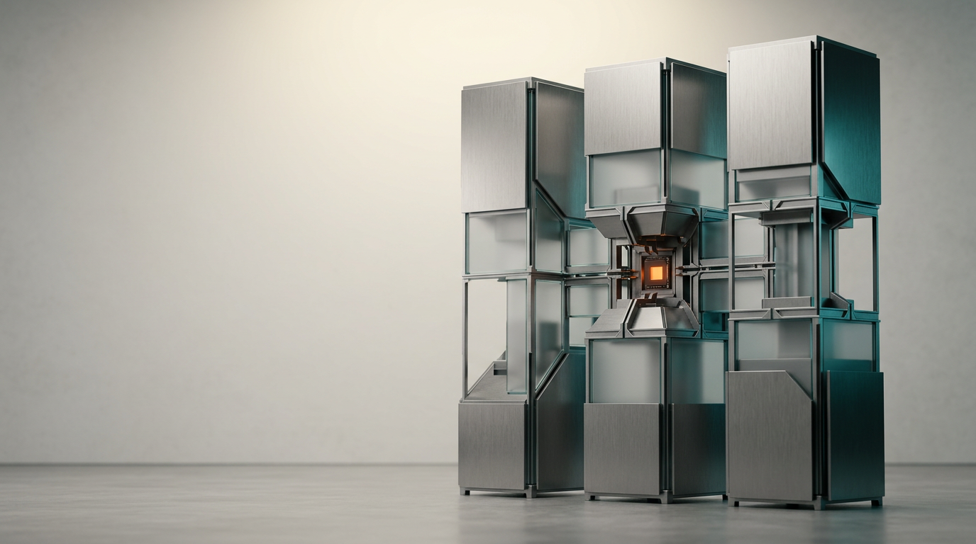 A premium, eye-level studio shot of an abstract, modular architectural installation constructed from brushed neutral metallic gray plates and satin-finished glass, representing a stable yet responsive data-processing system. The installation is composed of three interconnected, stepped vertical components that demonstrate structural harmony and precision. Subtle, controlled lighting from a warm cream source highlights the geometric textures, while soft cyan and deep teal rim lighting accentuate the refined joints and edges. A single, purposeful pop of warm burnt orange illuminates a small, inset sensor point, signifying high-performance analysis. The primary assembly is positioned in the right two-thirds of the frame, balanced against an expansive, clean, and softly lit neutral backdrop that provides significant copy-safe negative space on the left. Captured with a 50mm prime lens, the scene exhibits natural depth of field and meticulous material realism, avoiding artificial glow or digital clutter. The composition is calm, sophisticated, and commercially grounded, ensuring a clear, focused narrative of measurable enterprise precision. Photorealistic, cinematic photography, 8K resolution, crisp lighting, physically accurate shadows, generated by nanobanana pro --ar 16:9