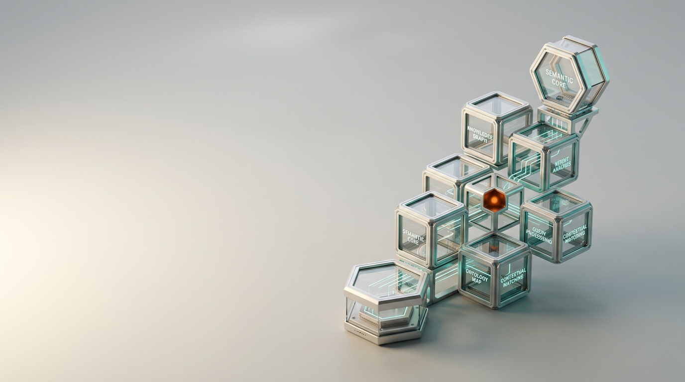 A sophisticated studio composition representing semantic search architecture, featuring an elegant array of modular, precision-engineered geometric structures arranged in a rhythmic, ascending scale on a neutral light-gray surface. Each module is crafted from satin-finished aluminum and tempered glass, with clean internal joinery that suggests advanced technical infrastructure. The primary assembly is positioned in the right third of the frame, leaving the left two-thirds as expansive, clean negative space for copy. Soft, warm cream-toned key lighting provides natural depth and shadow, while restrained, subtle teal and soft cyan light accents illuminate the edges of the modules to denote algorithmic connectivity. A single, purposeful pop of warm burnt orange appears as a precise, small focal point on the central structural node. The scene is captured with an 85mm prime lens, offering a shallow, refined depth of field that highlights the material texture and architectural precision of the system. The atmosphere is calm, orderly, and highly polished, emphasizing clarity, structural authority, and intelligent organization. Photorealistic, cinematic photography, 8K resolution, crisp controlled lighting, physically accurate shadows, generated by nanobanana pro --ar 16:9