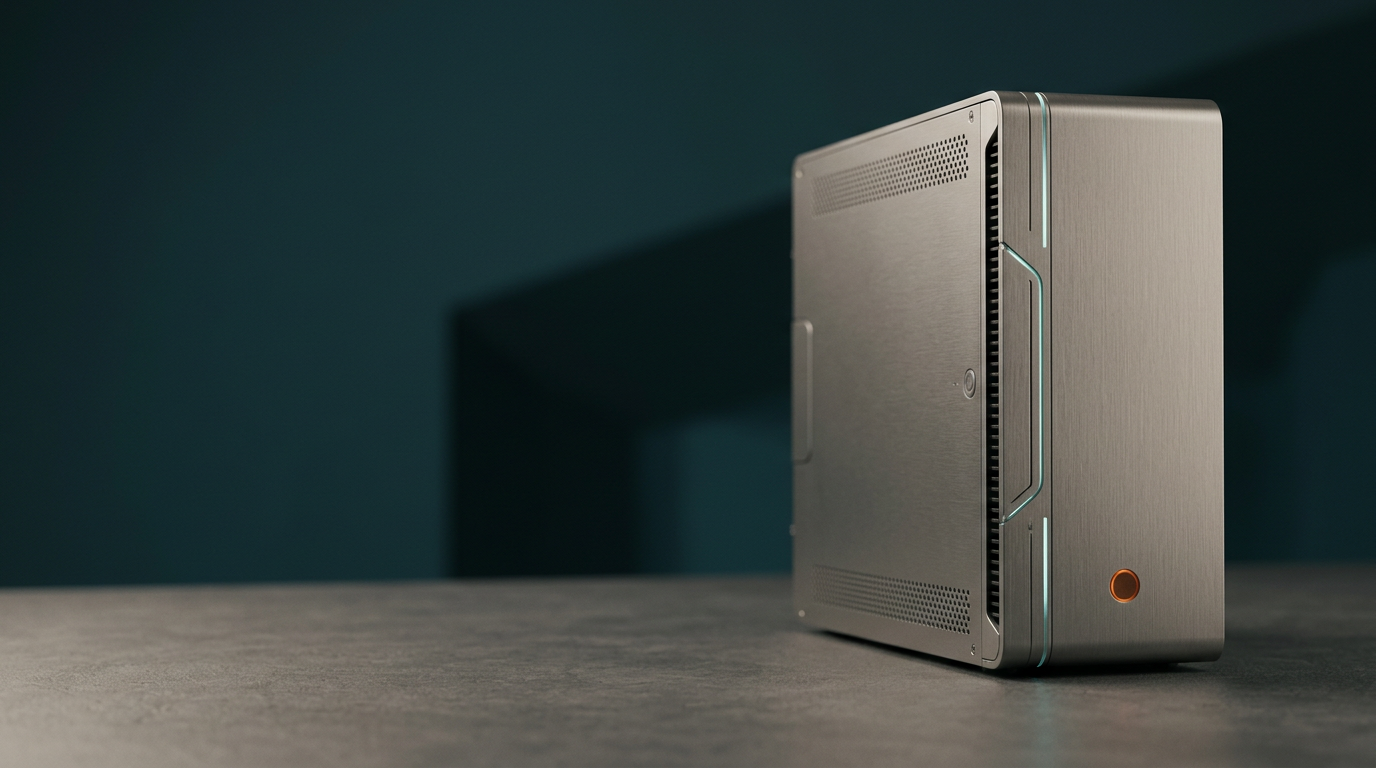 A clean, sophisticated studio composition featuring a minimalist, high-precision architectural server node as the primary subject, positioned in the right third of the frame to provide significant negative space for copy on the left. The device is housed in a brushed neutral metallic gray casing, featuring subtle, integrated light-path indicators that pulse with a soft cyan glow and a single, restrained accent point of warm burnt orange. The server is mounted on a matte, textured surface, illuminated by soft, diffused warm cream light that suggests professional, high-end infrastructure. The background is a clean, out-of-focus deep teal wall with a subtle, architectural shadow, creating a professional and refined atmosphere. Photorealistic, cinematic 85mm lens photography, highly detailed, crisp focus on the hardware texture, realistic materials, natural depth of field, HDR-quality lighting with controlled reflections, devoid of any humans, legible text, symbols, logos, or screens, generated by nanobanana pro --ar 16:9