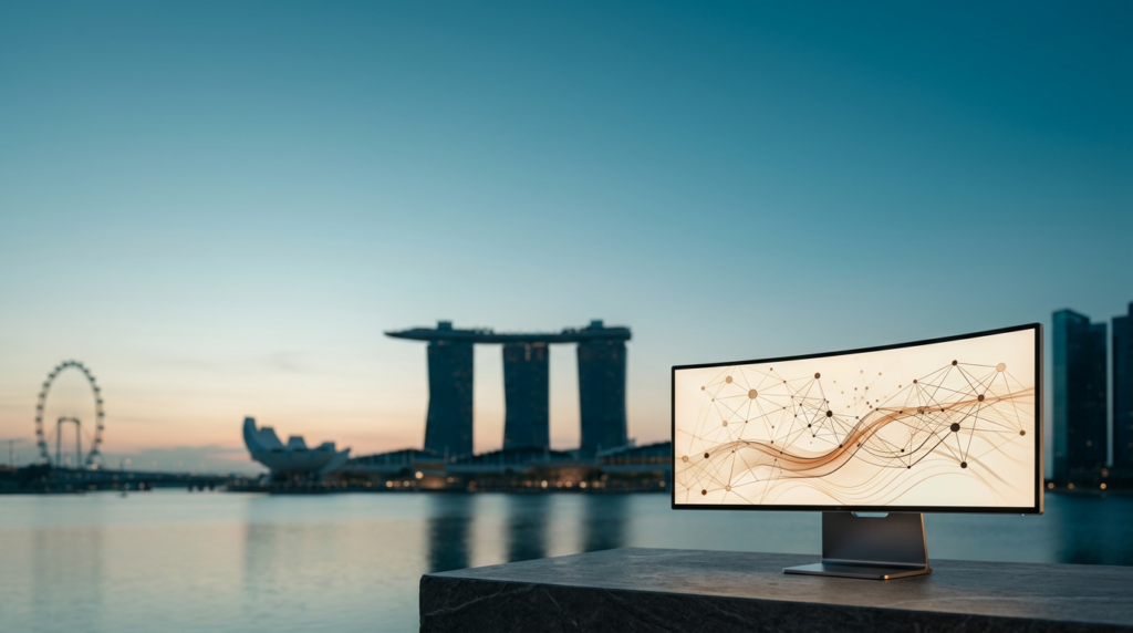 A high-end architectural commercial photograph of the Singapore skyline at the transition of twilight into dawn, captured with an 85mm prime lens at f/2.0, featuring the iconic Marina Bay Sands and ArtScience Museum silhouettes softly blurred in the distance against a wide, uncluttered morning sky painted in gradients of deep teal and soft cyan. The composition is structured with generous negative space on the left and upper sections of the frame for copy placement. In the lower-right third of the frame, a sleek, brushed metallic workstation terminal is positioned on a minimalist, textured stone surface; the device features a premium ultra-wide curved display showing glowing, abstract geometric neural network nodes and clean vector data-flow paths in warm cream and burnt orange. The atmosphere is serene and grounded, characterized by natural ambient morning light catching the edges of the distant iconic architecture and the metallic hardware bevels. The palette is dominated by deep teal shadows, soft cyan atmospheric haze, and subtle warm cream highlights. The scene is entirely devoid of people, signage, text, or logos, maintaining a hyper-realistic, professional, and expansive aesthetic suitable for a high-end corporate website hero banner.