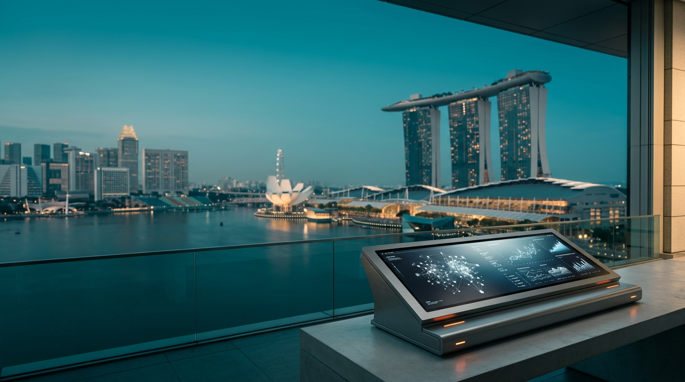 A wide-angle 16:9 cinematic shot captured on an 85mm lens at f/2.0 featuring a pristine, modern office balcony terrace at the transition of twilight to dawn in Singapore, dominated by the iconic Marina Bay Sands architectural silhouette glowing softly against a deep teal and cyan gradient sky. The left and upper two-thirds of the composition consist of vast, uncluttered negative space showing the tranquil, hazy Marina Bay waterfront and the distant geometric high-rises of the Central Business District, rendered with soft photographic bokeh. In the lower-right third of the frame, a sleek, brushed metallic grey analytical telemetry console sits on a minimalist concrete surface, its high-resolution ultra-wide display showing intricate, non-textual abstract data visualization nodes and growth performance vector graphs. The lighting is dominated by deep teal shadows, soft cyan atmospheric haze, and warm cream light catching the edges of the distant towers, with subtle burnt orange indicator LEDs on the console providing a point of focus. The entire scene is completely devoid of humans, signage, logos, or text, maintaining a professional, high-end commercial aesthetic with textures of polished glass, matte metal, and architectural stone, all captured in crisp, grounded realism.
