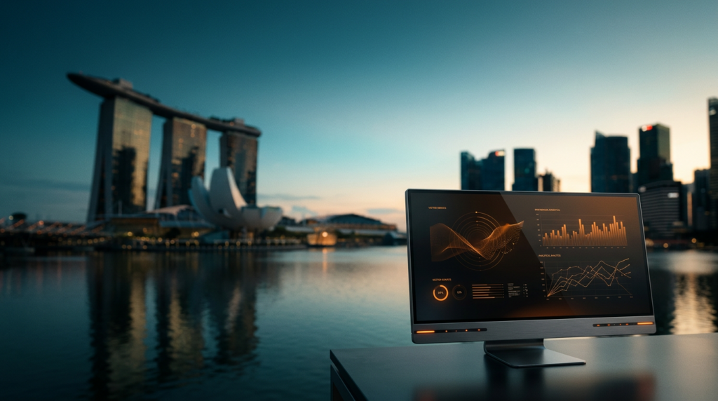 A wide 16:9 cinematic landscape shot at the cusp of twilight, featuring a panoramic view of the Singapore Marina Bay skyline with the iconic silhouettes of the Marina Bay Sands towers and the ArtScience Museum rendered in soft photographic bokeh, the background bathed in a deep teal and soft cyan atmosphere with the warm cream glow of early morning sunlight catching the edges of the distant skyscrapers, in the foreground on the lower-right third sits a high-end minimalist workstation monitor displaying abstract, glowing orange vector performance marketing data charts and analytical line diagrams on a dark glass display, the hardware is crafted from brushed metallic gray with subtle burnt orange LED indicator lights, the left and upper two-thirds of the composition are comprised of an expansive, uncluttered twilight sky and the tranquil, reflective surface of the bay, shot on an 85mm lens at f/2.0, zero human presence, no text or signage, no logos, hyper-realistic architectural photography, high-end commercial aesthetic.
