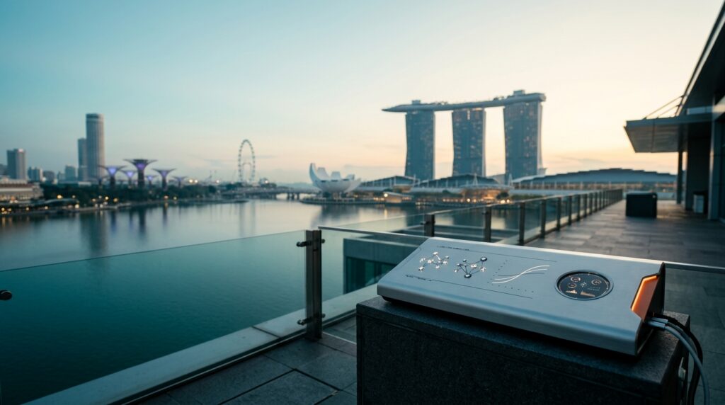 A cinematic 16:9 widescreen editorial photograph of an unoccupied modern architectural rooftop terrace overlooking Marina Bay in Singapore at dawn twilight. In the soft-focus center and left distance, the iconic silhouettes of Marina Bay Sands and the Supertree Grove extend across the water with natural bokeh, leaving the left two-thirds spacious and open. In the lower-right third sits a sleek brushed metallic search telemetry console showing clean abstract node clusters and vector indexing curves.