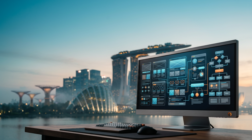 A hyper-realistic 16:9 cinematic shot captured with an 85mm prime lens at f/2.0, featuring a sleek, ultra-wide professional workstation monitor placed firmly in the lower-right foreground, its screen displaying sophisticated, non-textual abstract web wireframes and clean vector UI pathways. The hardware is encased in brushed metallic gray with a subtle burnt orange power indicator light. The background is a breathtaking, expansive view of the Singapore skyline at the transition of twilight to dawn, prominently featuring the iconic silhouettes of the Marina Bay Sands towers and the Supertree Grove at Gardens by the Bay set against a serene, uncluttered sky transitioning from deep teal to soft cyan. The composition provides significant negative space across the left and upper sections of the frame for future copy overlay. The atmosphere is filled with a soft morning marine mist, catching warm cream-colored light on the architectural edges. The scene is completely devoid of humans, signage, text, or logos, maintaining a grounded, high-end commercial aesthetic with the background rendered in a gentle, professional photographic bokeh to emphasize the crisp, tactile focus of the workstation monitor in the right-hand third of the composition.