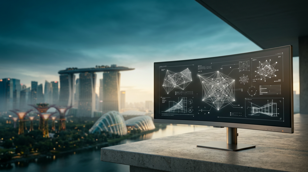 A photorealistic 16:9 widescreen architectural shot captured on an 85mm lens at f/2.0, focusing on a high-end ultra-wide curved monitor placed on a clean, minimalist outdoor surface in the lower-right third of the frame, the screen displaying glowing abstract geometric vector wireframes and complex web-structure diagrams in soft white lines, the background featuring an expansive, slightly blurred view of the Marina Bay Sands silhouette and the iconic Supertree Grove structures of Singapore at the golden hour transition between twilight and dawn, the left two-thirds of the image remain clear with soft, atmospheric morning haze and a deep teal-to-soft cyan sky providing natural negative space for copy, the lighting is defined by deep teal shadows, warm cream sunlight catching the edges of the distant architectural glass, and subtle burnt orange indicator lights on the monitor bevel, materials include brushed metallic gray hardware and polished concrete, the scene is entirely devoid of people, signage, text, or logos, maintaining the aesthetic of high-end commercial editorial photography.