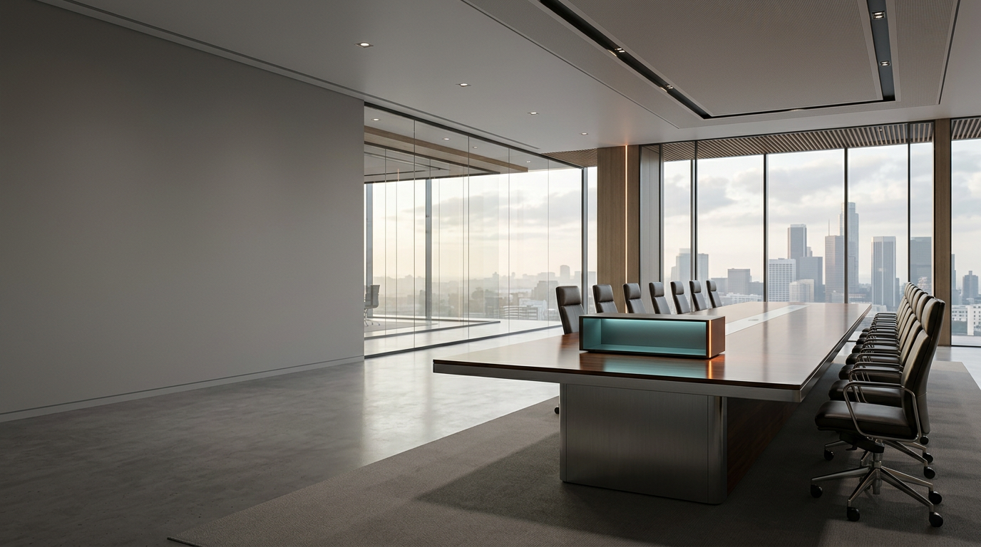 A high-angle, cinematic architectural photograph of a modern, uncluttered, and expansive boardroom interior, positioned in the right third of the frame to establish a sense of scale and strategic perspective. The room is designed with floor-to-ceiling glass panels overlooking a calm, morning-lit cityscape, with the neutral gray, clean lines of the table and surroundings providing extensive, uncluttered negative space on the left for copy. A single, refined, and minimalist matte-finish console sits on the table, emitting a faint, Soft Cyan light that reflects gently on the polished wood surface. The primary illumination is provided by warm, natural, early-morning sunlight streaming through the glass, while a singular, subtle Warm Burnt Orange accent light highlights the edge of the console, grounding the focus. The scene conveys sophistication, precision, and enterprise-grade performance through its material quality and composed environment. 85mm prime lens, photorealistic, cinematic photography, 8K resolution, crisp controlled lighting, realistic architectural materials, natural depth of field, HDR-quality dynamic range, no humans, no legible text or numbers, no logos, no holograms or UI interfaces, generated by nanobanana pro --ar 16:9