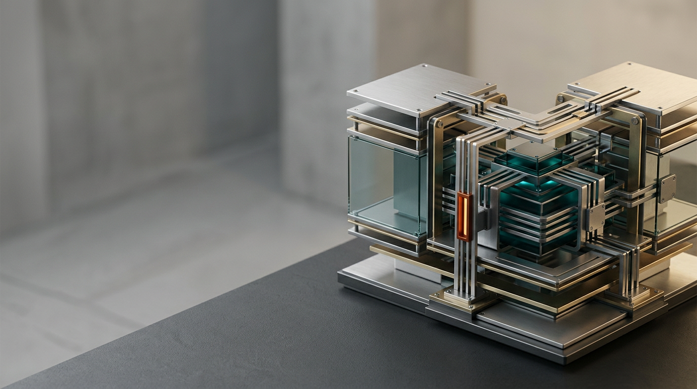 A sophisticated, high-angle studio composition featuring an abstract, meticulously organized architectural model representing a high-performance digital network, placed on the right side of the frame. The structure is composed of layered, satin-finished metallic plates and tempered glass, with precise, clean joints reflecting a warm cream light source. A single, refined accent light in deep teal highlights the central, most complex node, while a subtle, restrained pop of burnt orange distinguishes a secondary vertical connector. The left three-fifths of the composition consists of a soft, out-of-focus neutral gray architectural backdrop, providing intentional negative space for website copy. The scene is captured with an 85mm prime lens, focusing on the interplay of sharp-edged metallic surfaces and soft, diffused atmospheric depth. The lighting is crisp and cinematic, emphasizing physical materiality, realistic shadows, and a premium, clutter-free aesthetic. No text, numbers, logos, or human elements are present, ensuring a clean, enterprise-grade environment, generated by nanobanana pro --ar 16:9