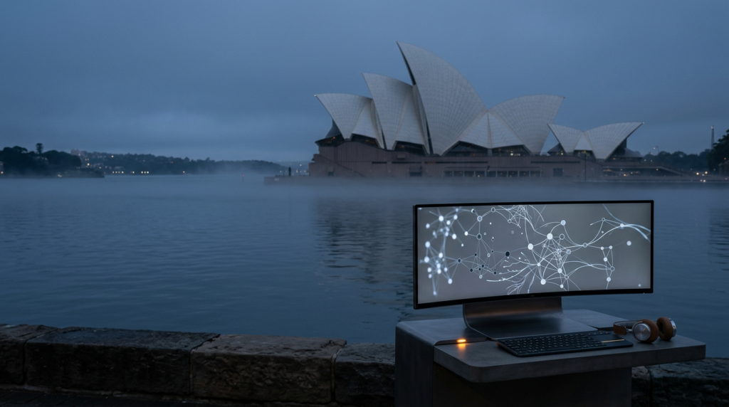 A high-end editorial architectural photograph captured on an 85mm prime lens at f/2.0, showcasing a serene, wide-angle view of the Sydney Harbour at the quiet transition from twilight to early dawn. The iconic, unmistakable silhouette of the Sydney Opera House sails sits in the center-left middle distance, partially obscured by a soft, ethereal marine fog and bathed in the cool deep teal and soft cyan hues of the morning sky. The left two-thirds of the frame consist of vast, uncluttered space featuring calm harbor waters and a misty, muted horizon perfectly suited for typography. In the lower-right third of the frame, a sleek, brushed metallic gray workstation terminal rests on a polished concrete surface, serving as the sole foreground focus anchor; the device features a high-end ultra-wide monitor displaying complex, non-textual abstract AI network topology graphs, neural node connections, and fluid vector data paths in subtle monochrome. The lighting is natural and cinematic, with a warm cream glow reflecting off the white ceramic ribs of the Opera House and the metallic edges of the device, complemented by a tiny, intentional burst of burnt orange from an indicator light on the terminal. The atmosphere is professional, quiet, and expansive, featuring zero humans, no signage, no text, and no cyberpunk elements, rendered in a crisp, hyper-realistic commercial photography style.