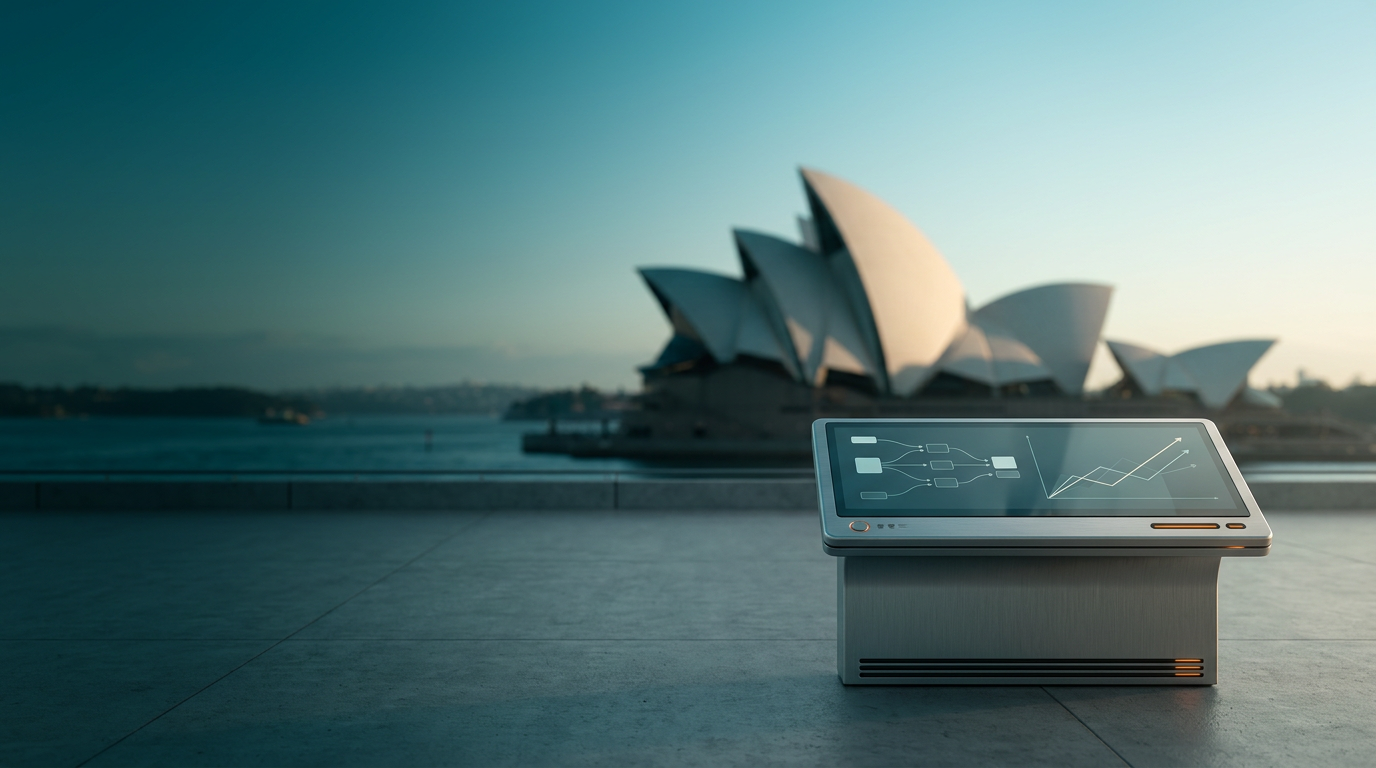 A professional wide-angle 16:9 cinematic shot captured on an 85mm lens at f/2.0, featuring a tranquil, unoccupied terrace overlooking the iconic silhouette of the Sydney Opera House sails at the transitional golden hour between deep teal twilight and soft dawn, the background displays the harbor and architectural geometry in a soft photographic bokeh with ample open negative space across the left and upper sections for text, in the sharp-focused lower-right third of the frame sits a sleek, high-end brushed metallic marketing analytics console with a glass screen displaying abstract, non-textual data visualization flow charts and growth projection vector lines, the color palette utilizes deep teal #116F76 shadows and soft cyan #C1E3E6 atmospheric marine layer haze, punctuated by warm cream #FFF4CE light catching the edges of the Opera House sails and subtle burnt orange #E06719 indicator lights on the console hardware, the composition is pristine and minimalist with no humans, no text, no logos, and no signage, rendered with hyper-realistic textures of concrete and brushed steel, emphasizing a calm, professional, and expansive atmosphere.