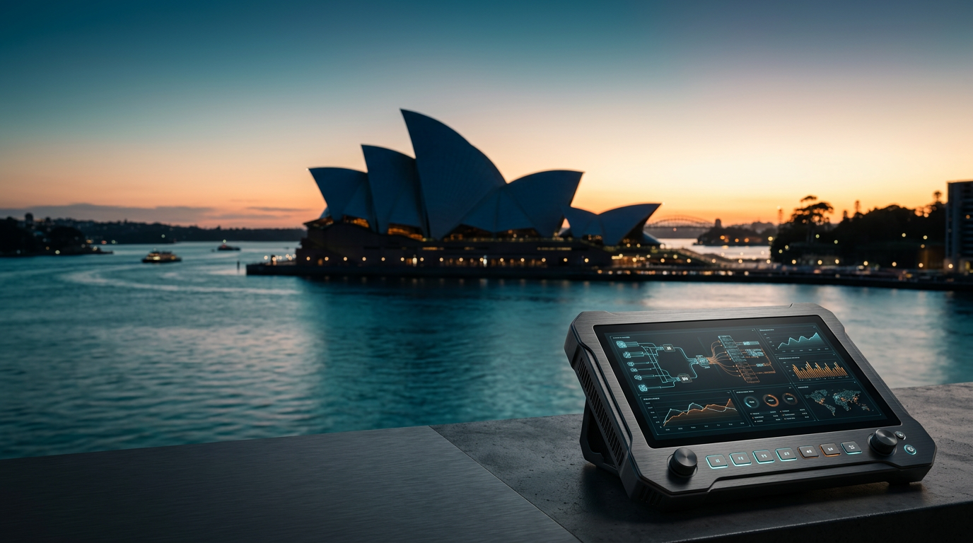 An expansive 16:9 cinematic shot captured on an 85mm prime lens at f/2.0 featuring the iconic Sydney Opera House sails silhouetted against a soft twilight-to-daybreak sky, the harbour water reflecting deep teal #116F76 tones and subtle morning light, positioned in the middle and left distance with soft photographic bokeh to ensure expansive negative space for typography, a sleek high-end brushed metallic gray workstation terminal sits in sharp, tactile foreground focus in the lower-right third of the frame, the terminal display glowing with intricate abstract data flow diagrams and performance analytics visualizations in soft cyan #C1E3E6 and burnt orange #E06719, the scene is entirely devoid of people, signage, text, or logos, the lighting palette transitions from deep teal shadows to a warm cream #FFF4CE sunrise glow hitting the architectural curves of the Opera House, high-end commercial architectural photography, ultra-realistic textures, calm and professional atmosphere.