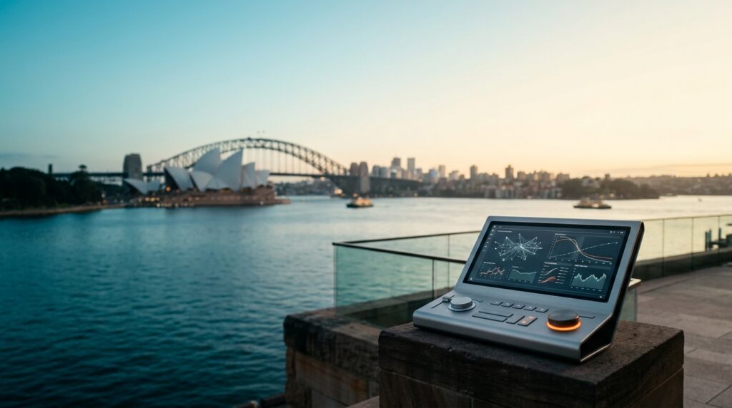 A cinematic 16:9 widescreen editorial photograph of an unoccupied modern architectural sandstone terrace overlooking Sydney Harbour at dawn twilight. The iconic silhouettes of the Sydney Opera House sails and Sydney Harbour Bridge extend across the water with natural bokeh, leaving the left two-thirds spacious and open. In the lower-right third sits a sleek brushed metallic search telemetry console on a sandstone plinth showing clean abstract network graphs and vector curves.