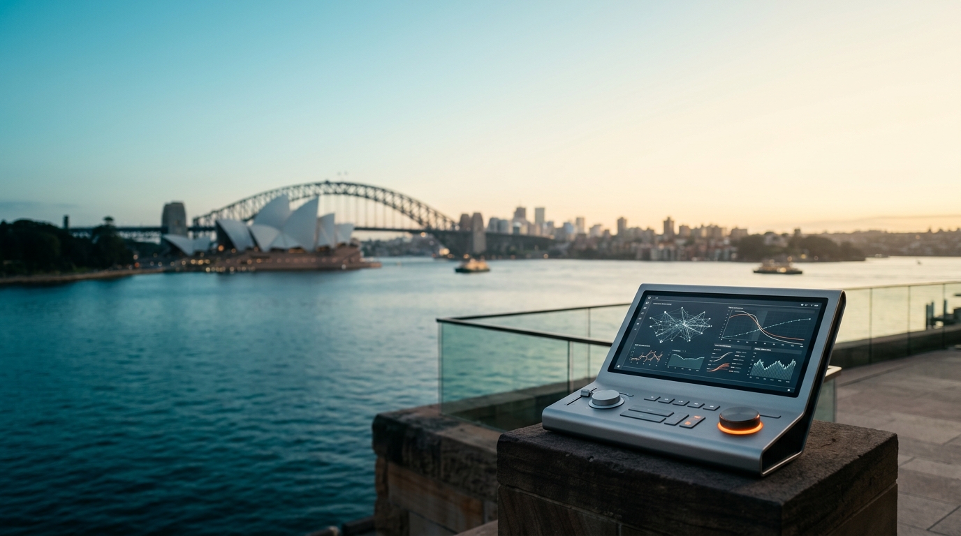 A cinematic 16:9 widescreen editorial photograph of an unoccupied modern architectural sandstone terrace overlooking Sydney Harbour at dawn twilight. The iconic silhouettes of the Sydney Opera House sails and Sydney Harbour Bridge extend across the water with natural bokeh, leaving the left two-thirds spacious and open. In the lower-right third sits a sleek brushed metallic search telemetry console on a sandstone plinth showing clean abstract network graphs and vector curves.