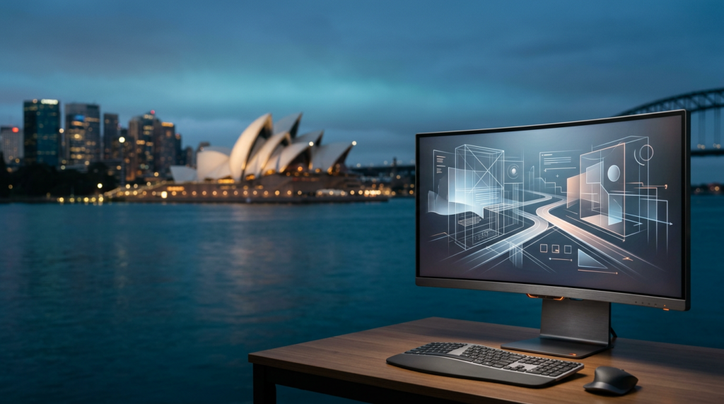 Wide-angle 16:9 cinematic shot captured on an 85mm prime lens at f/2.0, featuring the iconic white sail-like silhouette of the Sydney Opera House across the tranquil twilight harbor, the structure glowing softly under a transitioning dawn sky with deep teal shadows and a soft cyan marine layer, the left two-thirds of the frame remain uncluttered with open sky and calm water for negative space, in the lower-right foreground sits a high-end brushed metallic ultra-wide curved monitor displaying intricate, non-textual abstract web wireframes and clean vector UI pathways, the device finished in durable gray metal with subtle burnt orange indicator lights reflecting the warm cream morning sun, the background of the Sydney skyline and harbor bridge rendered in soft photographic bokeh to maintain focus on the workstation, professional editorial architectural photography, highly realistic textures, absolutely no humans or text or logos, sharp foreground focus on hardware, expansive atmospheric composition.