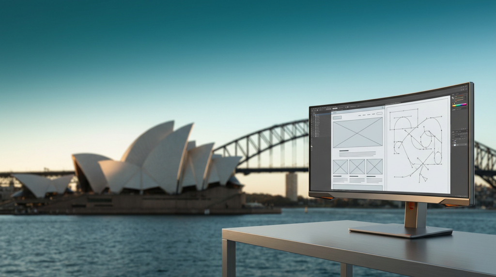 A professional high-end editorial 16:9 widescreen photograph captured with an 85mm prime lens at f/2.0, featuring the iconic silhouettes of the Sydney Opera House sails and the Harbour Bridge structure softly blurred in a cinematic morning-twilight horizon across the left and center background, the scene transitions from a deep teal #116F76 sky to a soft cyan #C1E3E6 marine layer, the left two-thirds of the frame consists of expansive, uncluttered, tranquil harbor atmosphere providing ideal negative space for typography, in the extreme lower-right third sits a high-end ultra-wide curved workstation monitor set on a minimalist brushed metallic gray desk, the monitor screen displays complex, non-textual abstract web design wireframes and intricate vector path diagrams, the hardware features subtle burnt orange #E06719 indicator light accents and clean architectural lines, the lighting is natural and sophisticated with warm cream #FFF4CE sunrise highlights catching the edges of the Opera House shells and the metallic device bevels, the entire composition is completely devoid of humans and text, grounded in photorealistic textures of harbor water, stone, and professional hardware, architectural photography style, serene and professional.