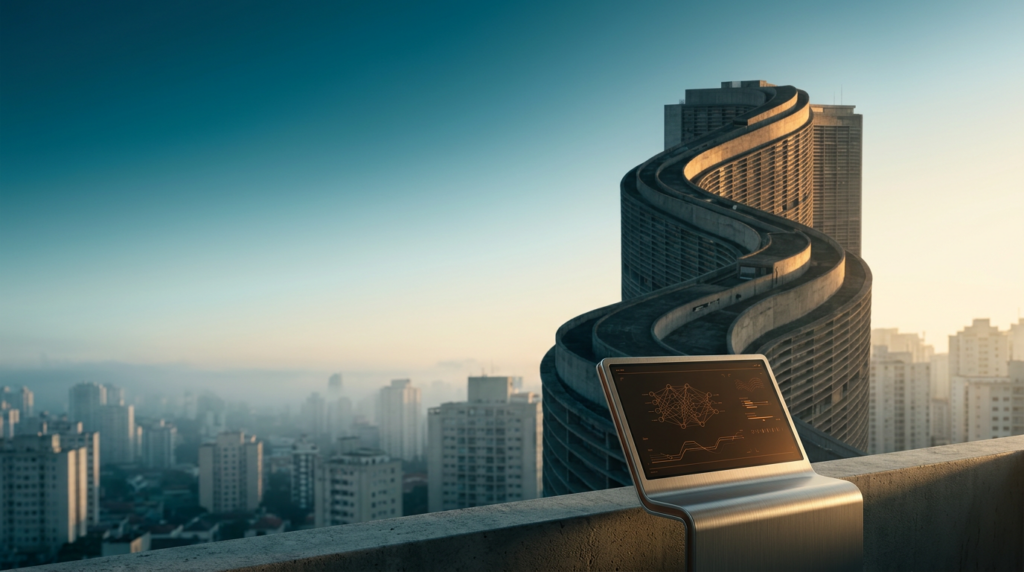 Cinematic 16:9 editorial shot captured on an 85mm prime lens at f/2.0, featuring the iconic Edifício Copan’s distinct undulating concrete silhouette rising through a transition of deep twilight to golden dawn over the São Paulo skyline, the vast open negative space of the left two-thirds of the frame bathed in a soft, ethereal morning mist of Deep Teal and Cyan, the foreground lower-right third anchored by a sleek, brushed metallic professional workstation terminal displaying minimalist, abstract neural network wireframes and clean glowing vector data flows in subtle Burnt Orange, the hardware housing accented with Warm Cream sunlight reflections, the atmosphere defined by the authentic brutalist textures of the city’s architectural landscape, zero humans, zero text, zero logos, sharp tactile focus on the hardware device with a gentle natural bokeh on the sprawling Paulistano horizon, high-end commercial architectural photography, professional color grading with a palette of #116F76, #C1E3E6, #FFF4CE, and #E06719.