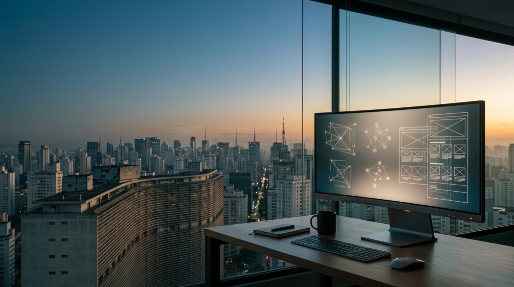 Wide-angle 16:9 cinematic shot captured on an 85mm lens at f/2.0, featuring a tranquil, minimalist workspace in the foreground right third of the frame, showing a sleek ultra-wide curved monitor displaying clean, non-textual abstract vector wireframes and complex web-layout grids with a soft ambient glow, the device crafted from brushed metallic gray aluminum with subtle burnt orange power indicator lights, positioned against a sprawling panoramic backdrop of the São Paulo skyline during the transition from deep twilight to soft dawn, the iconic Edifício Copan’s distinctive undulating concrete curves and the distant silhouettes of the Avenida Paulista high-rises softened by a delicate atmospheric morning haze, the left and upper two-thirds of the frame dedicated to expansive, uncluttered negative space composed of a deepening twilight sky fading into a pale cyan horizon, color palette dominated by deep teal shadows and soft cream highlights catching the architectural edges of the distant city, hyper-realistic textures of polished glass and weathered concrete, zero human presence, no legible text, no signage, no branding, commercial architectural photography style, serene and sophisticated urban aesthetic.