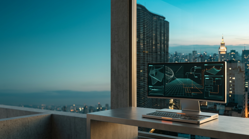 A high-end 85mm prime lens wide-angle shot of a sleek, brushed metallic workstation terminal positioned in the lower-right third of the frame, its ultra-wide curved monitor displaying intricate, non-textual abstract web wireframe grids and clean vector UI pathways, the hardware catching warm cream sunlight on its edges and emitting a subtle burnt orange indicator light. The backdrop features an expansive, uncluttered view of the São Paulo skyline during the transition from deep teal twilight to soft cyan morning, with the iconic silhouette of the Edifício Copan’s distinct undulating curves and the distant illuminated spire of the Altino Arantes Building rising above a soft atmospheric marine layer. The left two-thirds of the composition consists of a tranquil, open sky and the muted, out-of-focus textural grain of urban architectural concrete, providing vast negative space for typography. The scene is completely devoid of humans, signage, or logos, bathed in a sophisticated palette of deep teal shadows, cool cyan atmospheric haze, and warm cream highlights, captured with crisp, architectural photographic realism and smooth, shallow depth-of-field bokeh.
