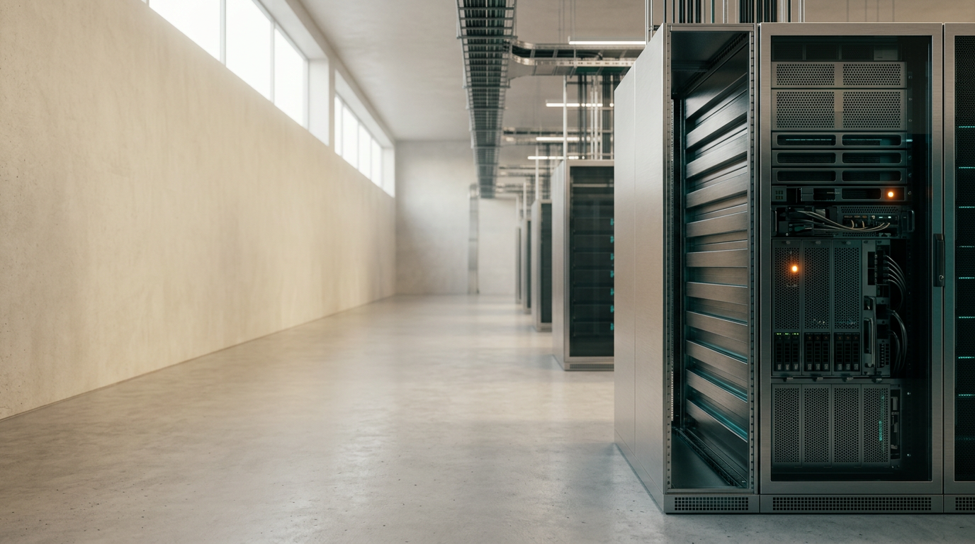 A high-angle, cinematic architectural photograph of a sophisticated, modern data center interior organized into clean, modular server aisles, captured with a 50mm prime lens. The primary subject is a precision-engineered, brushed-metal server rack unit with integrated cooling channels, positioned in the right third of the frame to provide a large, calm expanse of softly lit concrete floor and ambient, warm-cream-hued walls as negative space for copy on the left. Atmospheric lighting is composed of soft, diffused natural daylight entering from a high clerestory window, complemented by subtle, deep-teal accent lighting glowing faintly from the internal cooling ports and a single, restrained pop of warm-burnt-orange illumination from a status indicator on the rack’s face. The materials are physically grounded—satin-finished steel, textured stone, and tempered glass—with realistic depth of field and soft, atmospheric haze. The scene is free of any text, branding, numbers, UI interfaces, or human figures, emphasizing structural clarity and technical unity. Photorealistic, 8K resolution, crisp, controlled lighting, physically accurate shadows, generated by nanobanana pro --ar 16:9