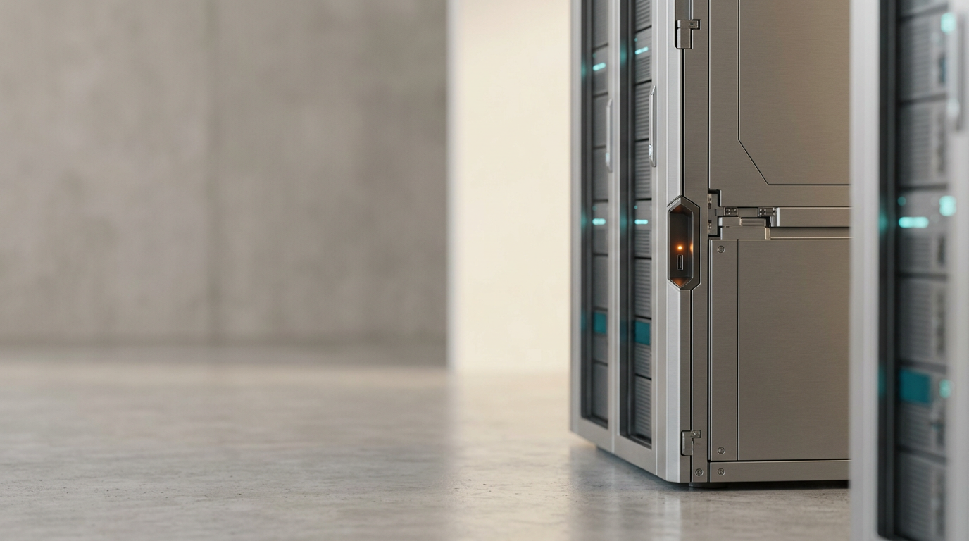 A sophisticated, minimalist architectural study of a high-performance data processing cluster, captured in a clean, brightly lit professional server environment. The composition features a primary, sleek, matte-finished brushed metallic server cabinet positioned in the right third of the frame, showcasing fine mechanical precision, durable industrial joints, and integrated, subtle, non-readable status indicators glowing with soft cyan and deep teal lights. The left two-fifths of the scene consist of a gently out-of-focus, neutral-toned concrete wall and an open, polished floor, providing ample, calm negative space for website copy. A single, controlled warm-burnt-orange accent light, discreetly placed on the cabinet's primary service port, provides a restrained focal point. The scene is captured with a 50mm lens at eye level, emphasizing structural integrity and clear, deliberate organization. Lighting is soft, diffused, and natural, incorporating warm-cream bounce light to enhance the clean, premium atmosphere. The image is photorealistic, highly detailed, and cinematic, emphasizing realistic material textures, subtle depth of field, and physically accurate shadows without any visible text, numbers, signage, logos, or human figures. Generated by nanobanana pro --ar 16:9