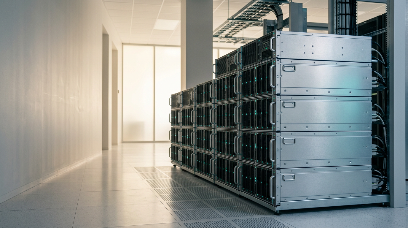 A sophisticated architectural study of a high-performance data infrastructure, featuring a series of meticulously aligned, modular server units stacked in a precise, ascending tiered formation, located within a calm and pristine, softly-lit climate-controlled environment. The central primary subject occupies the right third of the frame, showing sleek, brushed metallic cabinets with subtle recessed teal indicator lights, reflecting the Pixels Studio brand palette through clean, intentional lines and restrained cool-toned ambient reflections. The left two-fifths of the frame provide uncluttered negative space, consisting of a softly illuminated, neutral-toned wall with subtle architectural depth and gentle, warm-cream sunlight diffusion to ensure optimal copy-safe placement. A 50mm prime lens captures the scene with cinematic depth of field, highlighting the precision-engineered joins and industrial quality of the hardware. The atmosphere is clear, stable, and highly professional, reflecting zero-downtime reliability through physical order and structural integrity. No human figures, no legible text, no holographic interfaces, and no artificial neon glows are present, with the lighting design carefully controlled to emphasize material realism, durability, and a sense of calm, intelligent scale, generated by nanobanana pro --ar 16:9