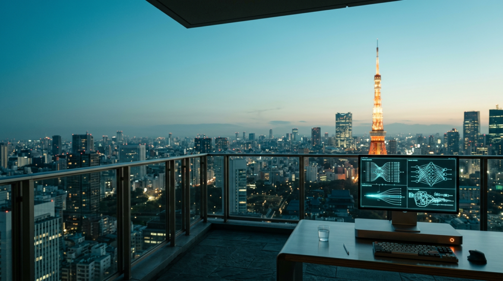 A cinematic 16:9 landscape shot captured on an 85mm prime lens at f/2.0, featuring an expansive, minimalist balcony view overlooking the Tokyo skyline at twilight transitioning into soft dawn, the background showcasing the unmistakable silhouette of the Tokyo Tower glowing with warm cream ambient light amidst a tranquil city atmosphere, the left and upper portions of the frame dominated by a clean, deep teal and soft cyan sky with subtle atmospheric morning haze, the lower-right third of the frame serving as a crisp focal anchor featuring a high-end, sleek brushed metallic grey AI computing workstation terminal, the monitor displaying abstract, non-textual glowing vector flow charts and intricate neural network line diagrams in cool cyan, the workstation accented with a single subtle burnt orange power indicator light, the entire scene maintains an unoccupied, serene architectural stillness with no humans or text, utilizing a palette of deep teal #116F76, soft cyan #C1E3E6, warm cream #FFF4CE, and burnt orange #E06719, high-end commercial architectural photography, sharp tactile textures on stone and glass, perfect negative space on the left for typography, photorealistic, no motion blur, grounded professional aesthetic.