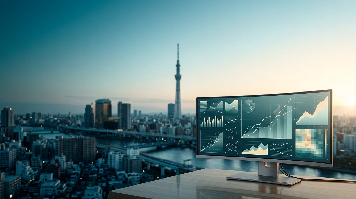 A highly detailed, photorealistic 16:9 widescreen image. The scene captures the transition from twilight to early daylight over Tokyo, Japan. Deep teal #116F76 shadows ground the scene, reflecting in distant glass skyscrapers and tranquil city waterways. A soft cyan atmospheric haze #C1E3E6 gently transitions to a warm cream #FFF4CE glow on the horizon, catching the architectural edges of the distant, modern high-rise skyline of Tokyo. In the mid-ground, extending across the center and left distance, the unmistakable, iconic silhouette of the Tokyo Skytree or a distinct financial district cluster is rendered with a natural, soft photographic bokeh, immediately establishing the location without competing with the foreground. In the lower-right third of the frame, in sharp, tactile foreground focus, sits a sleek, ultra-wide curved monitor. Its enclosure is crafted from durable brushed metallic gray #E6E6E6, with pristine, reflective glass surfaces. Subtle burnt orange #E06719 indicator lights and cable accents provide a refined highlight on the device. The screen displays an abstract, non-textual UI composed of complex data visualizations, interwoven vector paths, and minimal line diagrams depicting growth curves and strategic telemetry data, all in harmonizing shades of deep teal, soft cyan, and warm cream, symbolizing sophisticated growth marketing analytics. The left two-thirds and upper section of the frame are intentionally expansive and uncluttered, filled with the graduated twilight sky and distant, softly blurred Tokyo cityscape, creating ample negative space designed specifically for left-aligned website copy overlays. No humans, text, logos, or brand names are visible anywhere in the image. The perspective, atmospheric scale, and lighting are those of high-end commercial editorial architectural photography, completely grounded in realism, free of any sci-fi holograms, flying drone overlays, or surreal elements. Shot on an 85mm prime lens at f/2.0.