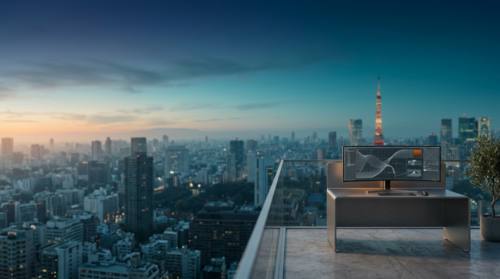 A wide-angle 16:9 cinematic shot captured on an 85mm lens, showcasing a serene, minimalist rooftop terrace overlooking the Tokyo skyline at dawn, the iconic Tokyo Tower glowing faintly against a deep teal and soft cyan morning sky, the atmosphere filled with a subtle, clean marine layer haze that leaves the left two-thirds of the frame as expansive, uncluttered negative space for typography, in the lower-right third of the frame rests a high-end, sleek brushed-metal workstation with an ultra-wide curved monitor displaying intricate, non-textual abstract web design wireframes and flowing vector paths, the hardware is finished in durable matte gray with a single discreet burnt orange indicator light, the scene is lit by a warm cream morning glow catching the edges of the distant architectural structures and the metallic contours of the workstation, deep teal shadows ground the environment, extreme photographic bokeh on the distant city landmarks, photorealistic textures of concrete and brushed steel, completely unoccupied, zero humans, zero text, zero logos, no sci-fi elements, high-end commercial editorial architectural photography style.